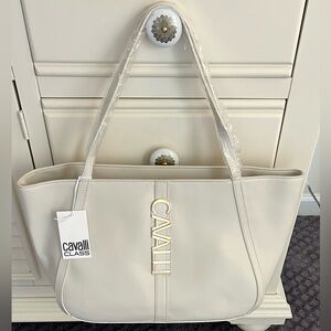 NWT Cavalli Class Sandra Shopper Tote Bag White Asparagus with Gold Hardware